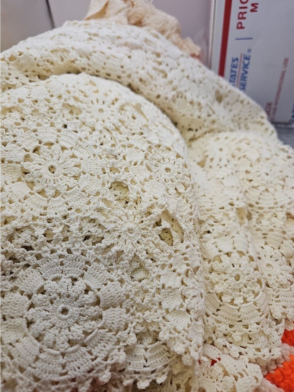 Crochet Cotton Medallions 60" X 56" Cream Color Tablecloth Or. Bed Coverlet